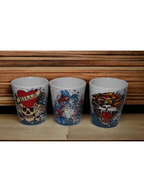 3 Ed Hardy Skull Fish Tiger Shot Glasses  LOVE KILLS SLOWLY  2 oz Each